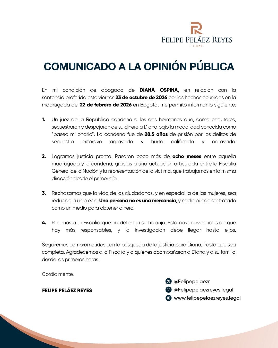 El abogado Felipe Peláez Reyes pidió a la Fiscalía General de la Nación continuar las investigaciones para identificar y judicializar a los demás responsables del secuestro - crédito @Felipepelaezr/X