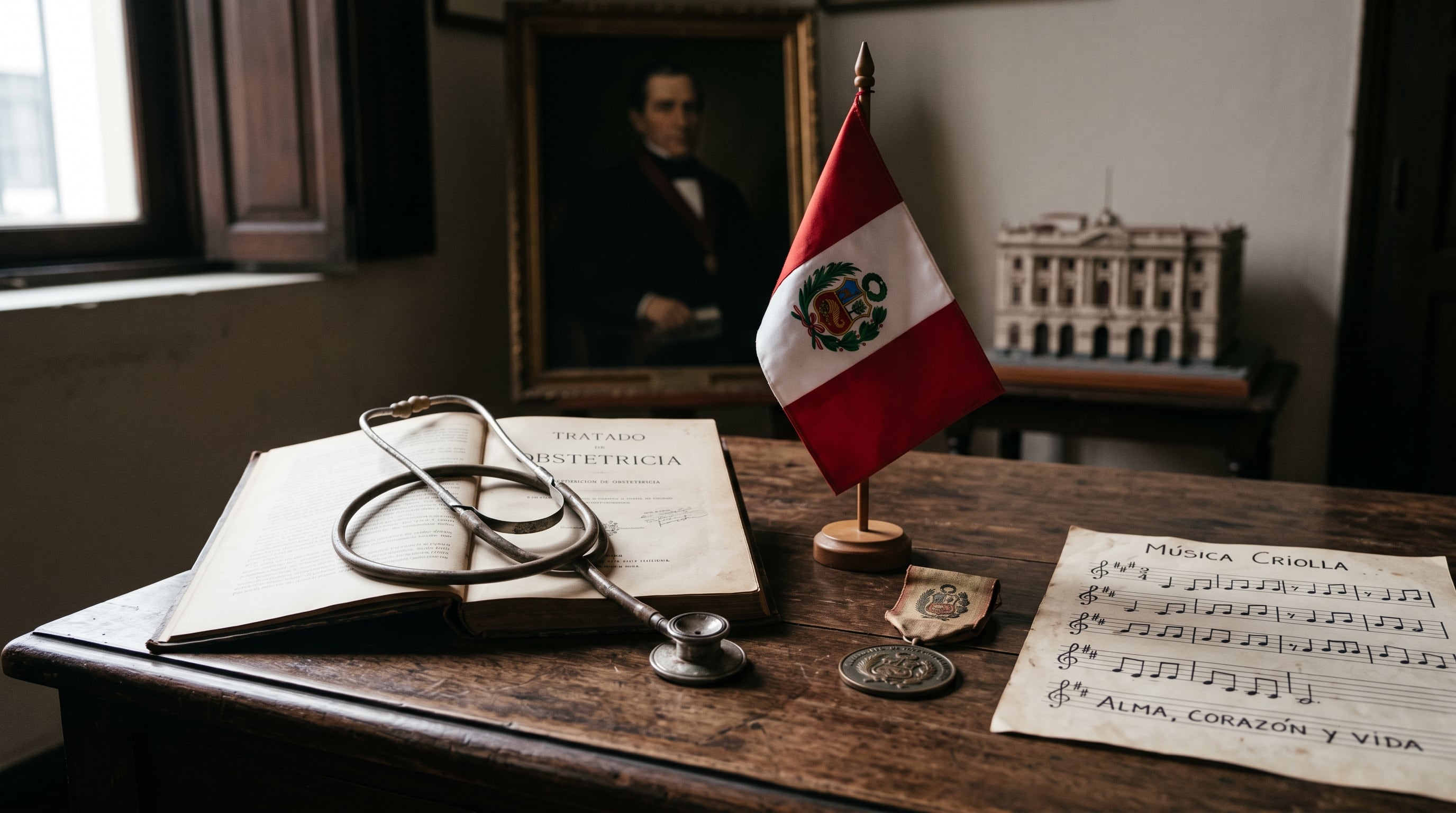Diversos elementos simbólicos de Perú, como un tratado de obstetricia, una partitura de música criolla y una bandera nacional, conmemoran efemérides del 10 de octubre. (Imagen Ilustrativa Infobae)