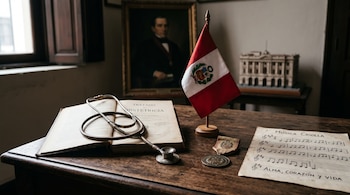 Un libro abierto de obstetricia con fonendoscopio, una bandera peruana, medallas y una partitura sobre una mesa de madera.