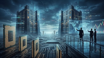 Un paisaje futurista muestra torres de servidores similares a castillos y chips gigantes sobre un circuito. Tres ejecutivos observan pantallas con mapas y gráficos bursátiles.