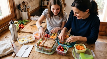 Una mujer y una joven colocan sándwiches, frutas cortadas y verduras en recipientes transparentes sobre una mesa de madera.