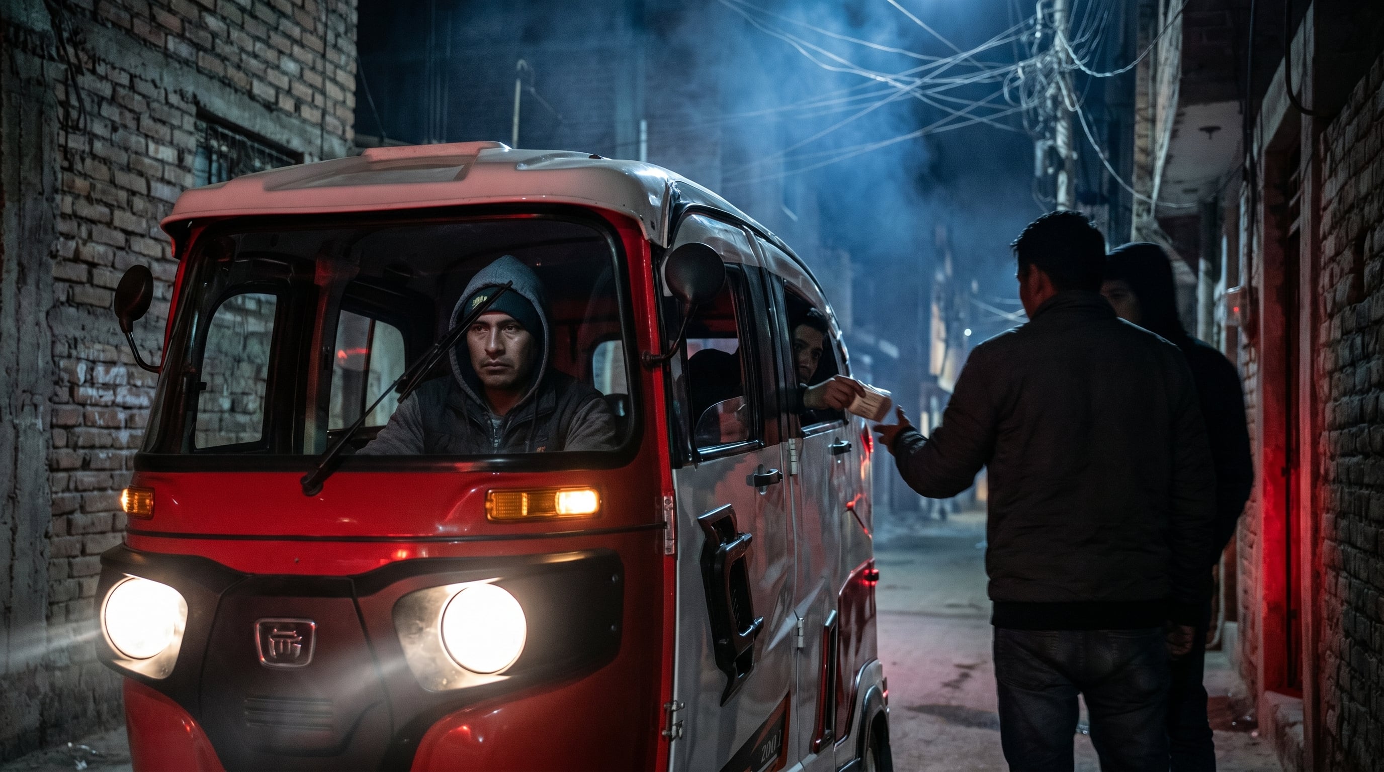 Un conductor de mototaxi tipo torito rojo recibe discretamente un pequeño paquete de una persona de pie en una calle urbana oscura durante la noche, sugiriendo una transacción clandestina. (Imagen Ilustrativa Infobae)