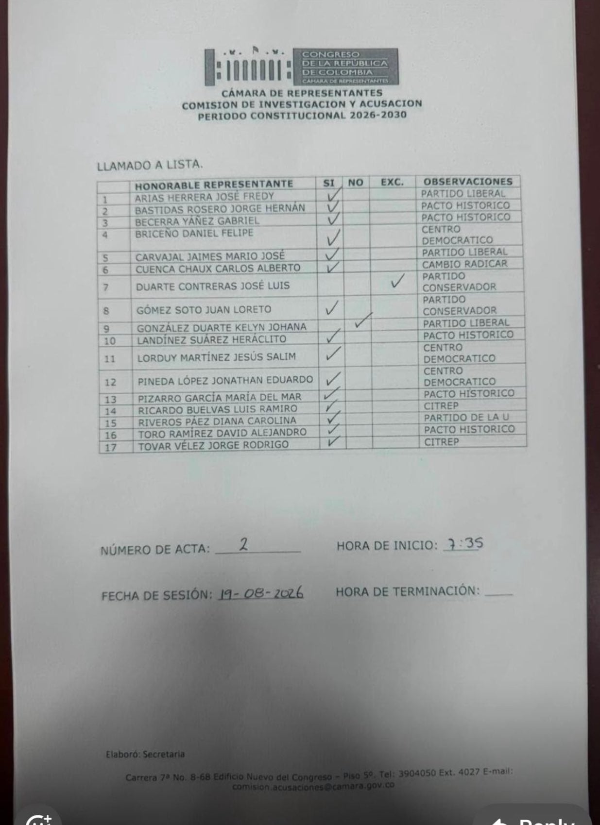 Así quedó la votación y se mencionan los cinco congresistas del Pacto Histórico que votaron a favor - crédito @migueldelrioabg/X