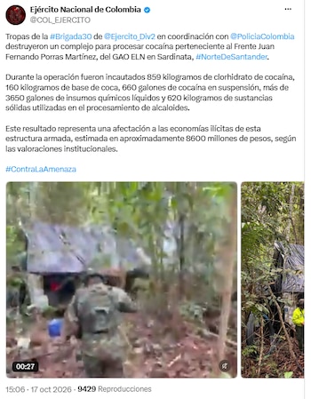Operación contra el ELN dejó 859 kilos de cocaína incautados en Sardinata - crédito @COL_EJERCITO/X