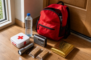 Una mochila roja, una botella de agua, un botiquín, una linterna, dos barras de cereal, una radio y una manta térmica en el suelo.