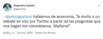 Alejandro Gaviria invita a Gustavo Petro a hablar sobre economía en Twitter