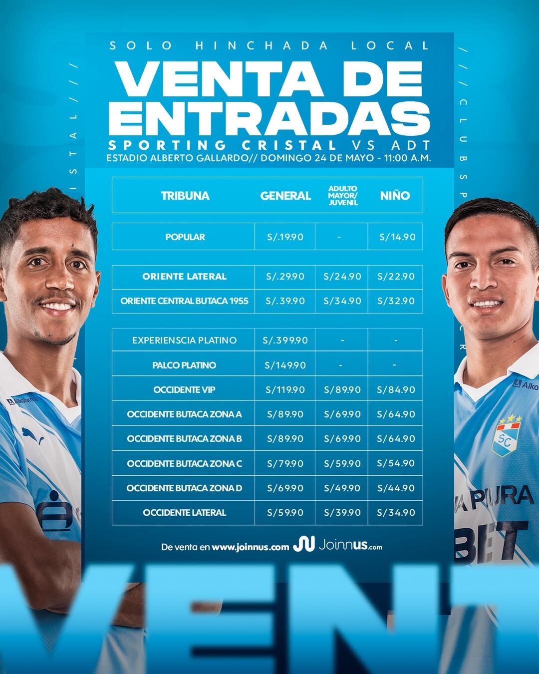 Precios de las entradas para Sporting Cristal vs ADT por Torneo Apertura 2026. Crédito: X Sporting Cristal.