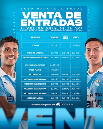 Precios de las entradas para Sporting Cristal vs ADT por Torneo Apertura 2026. Crédito: X Sporting Cristal.