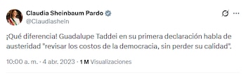 En una publicación de X de 2023, la hoy presidenta Claudia Sheinbaum celebró el discurso de austeridad de Guadalupe Taddei. (Crédito: Claudia Sheinbaum)