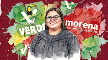 Mujer sonriente con gafas y blusa oscura, sobre fondo rojizo con logos fragmentados de Morena y PVEM en tonos verdes y rojos.