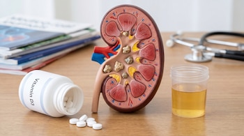 Modelo de riñón con cálculos, botella de vitamina D3 abierta con pastillas, vaso de orina y estetoscopio sobre una mesa de madera clara.