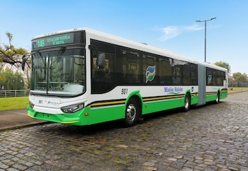 Autobús articulado blanco y verde con el letrero luminoso de la línea 148 estacionado sobre adoquines junto a un parque