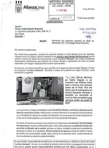 Carta notarial de Alianza Lima a Vivian Baella. Crédito: Puro Vóley.