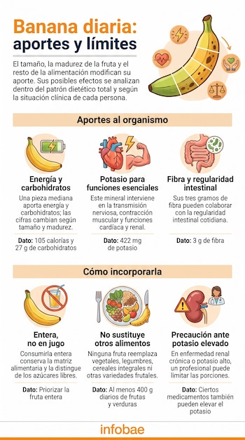 Infografía titulada Banana diaria aportes y límites con ilustraciones de frutas, órganos humanos, un plato de comida y recuadros explicativos.