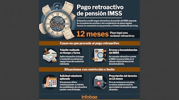 Infografía sobre el pago retroactivo de pensión IMSS. Muestra un reloj de bolsillo con documentos, iconos de trámite aprobado, errores, calendario y prescripción de 12 meses.