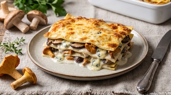 Un plato de lasaña con capas de pasta, hongos, salsa blanca y queso gratinado, junto a champiñones frescos, tomillo y un cuchillo sobre un mantel.