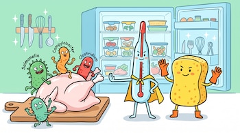 Caricatura de un termómetro y una esponja con guantes bloqueando a bacterias cerca de un pollo crudo en una tabla. Al fondo, una nevera con alimentos y utensilios limpios.