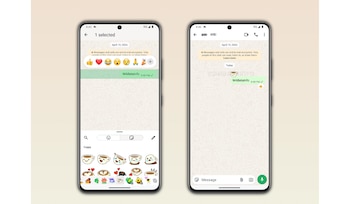 Dos iPhones muestran WhatsApp. Izquierda: reacciones emoji y stickers Cuppy. Derecha: sticker Cuppy aplicado