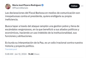 María José Pizarro Rodríguez arremetió contra el fiscal Francisco Barbosa por criticar al presidente Gustavo Petro - crédito @PizarroMariaJo/X