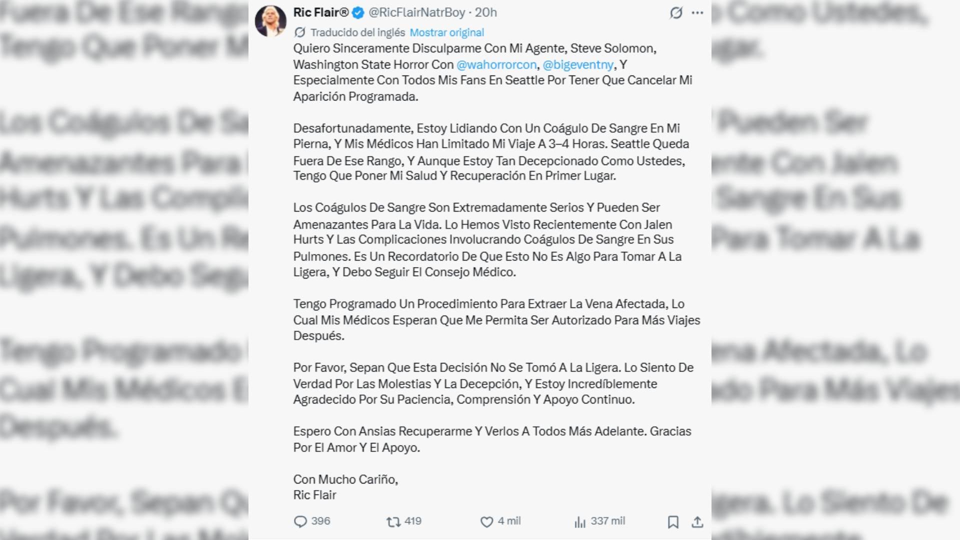Una publicación en redes sociales del luchador Ric Flair comunica la cancelación de una presentación en Seattle debido a un tratamiento médico por un coágulo sanguíneo. (@RicFlairNatrBoy)