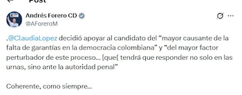 Las críticas que desató el respaldo de Claudia López a Iván Cepeda - crédito @AForeroM/X