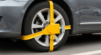 Un inmovilizador de rueda amarillo sujeta una de las ruedas delanteras de un automóvil gris. El vehículo está estacionado sobre asfalto con una línea blanca.