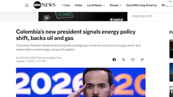 La cadena estadounidense resaltó el cambio de rumbo en la política energética de Colombia, enfatizando que el nuevo presidente defendió públicamente el desarrollo del sector petrolero y gasífero como motor económico - crédito captura de pantalla ABC News