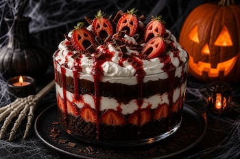 Recipiente transparente con postre en capas de bizcocho, crema y fresas talladas con caras, junto a una calabaza iluminada y telarañas.