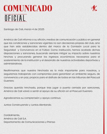 América de Cali afirmó que