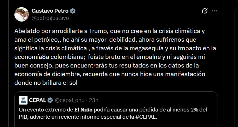 Gustavo Petro aseguró que Abelardo de la Espriella conocerá los resultados económicos en diciembre y le recordó que nunca hizo una manifestación “donde no brillara el sol” - crédito @petrogustavo/X