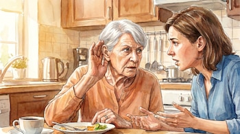 Ilustración acuarela de dos mujeres en una cocina; una anciana con mano en la oreja y una mujer joven gesticulando mientras hablan, con platos y tazas sobre la mesa.
