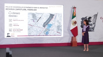 Una mujer con vestido morado de pie frente a una pantalla de presentación y una bandera de México en un escenario con fondo blanco y franja rosa.