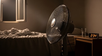 Primer plano de un ventilador encendido en una habitación oscura con una cama deshecha, una ventana abierta, un vaso de agua y un reloj digital mostrando 2:34.