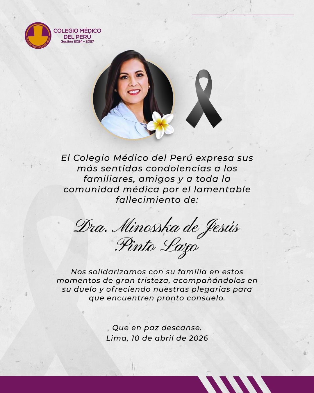 Instituciones médicas expresan pesar y exigen justicia tras el asesinato de la doctora Minoska Pinto Lazo| CMP