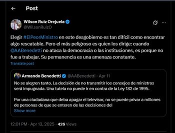 Wilson Ruiz criticó al ministro