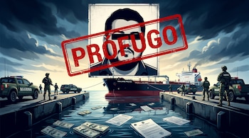 Ilustración de un retrato en un cartel de 'prófugo' sobre un muelle con un buque petrolero. Soldados de la Marina y vehículos patrullan el área; dinero y documentos flotan en el agua.