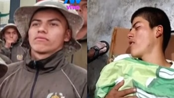 Imagen dividida: izquierda, un joven con uniforme militar y sombrero; derecha, el mismo joven tendido con ojos cerrados, parcialmente cubierto por una manta