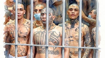 Grupo de hombres con el torso desnudo y tatuajes extensos en cuerpo y rostro, vistos a través de barrotes metálicos; dos hombres usan mascarillas.