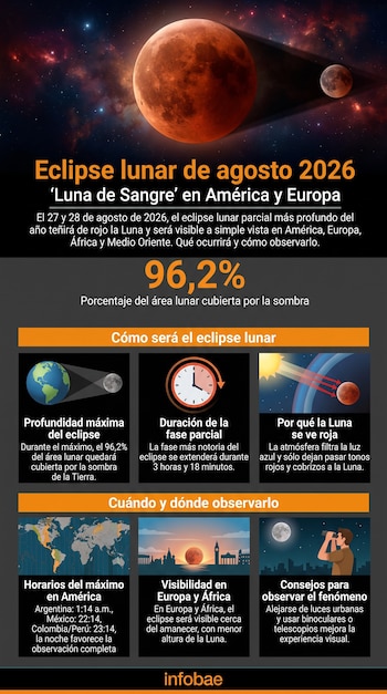 Infografía. Ilustración de Luna roja y Luna en fase de eclipse. Gráficos de Tierra, Luna, sol, reloj, mapa global y persona observando con binoculares.