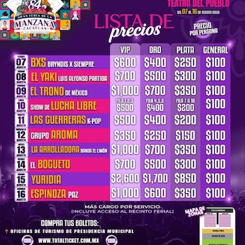 Póster de la Feria de la Manzana de Zacatlán. Tabla con fechas, artistas y precios por zona: VIP, Oro, Plata, General para eventos del 7 al 16 de agosto