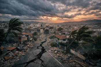 Vista panorámica de una ciudad con edificios, calles agrietadas, escombros, palmeras agitadas y un cielo nublado al atardecer.