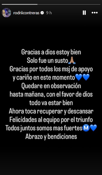 Post de Rodrigo Contreras sobre su estado de salud - crédito Instagram