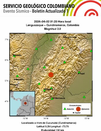 El primer sismo del día 2 de abril fue en Lenguazaque de 2.0 en la escala sismológica de Richter - crédito Servicio Geológico Colombiano