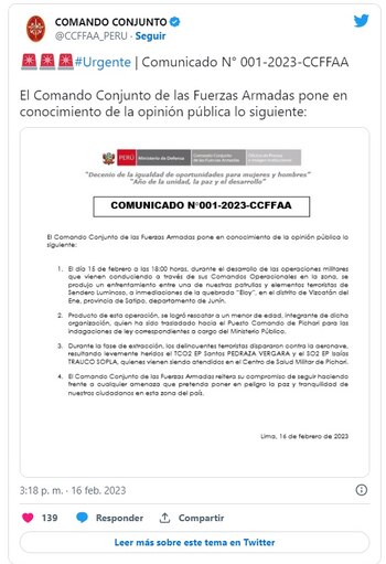 Fuerzas Armadas informó sobre enfrentamiento