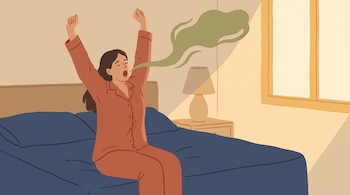Persona en pijama terracota sobre una cama con los brazos levantados y la boca abierta de donde sale una nube verde.