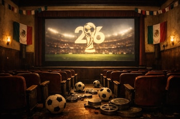 Cine antiguo con butacas vacías. Pantalla con logo del Mundial 2026 sobre estadio de fútbol. Banderas mexicanas y balones de fútbol y rollos de película en el suelo.