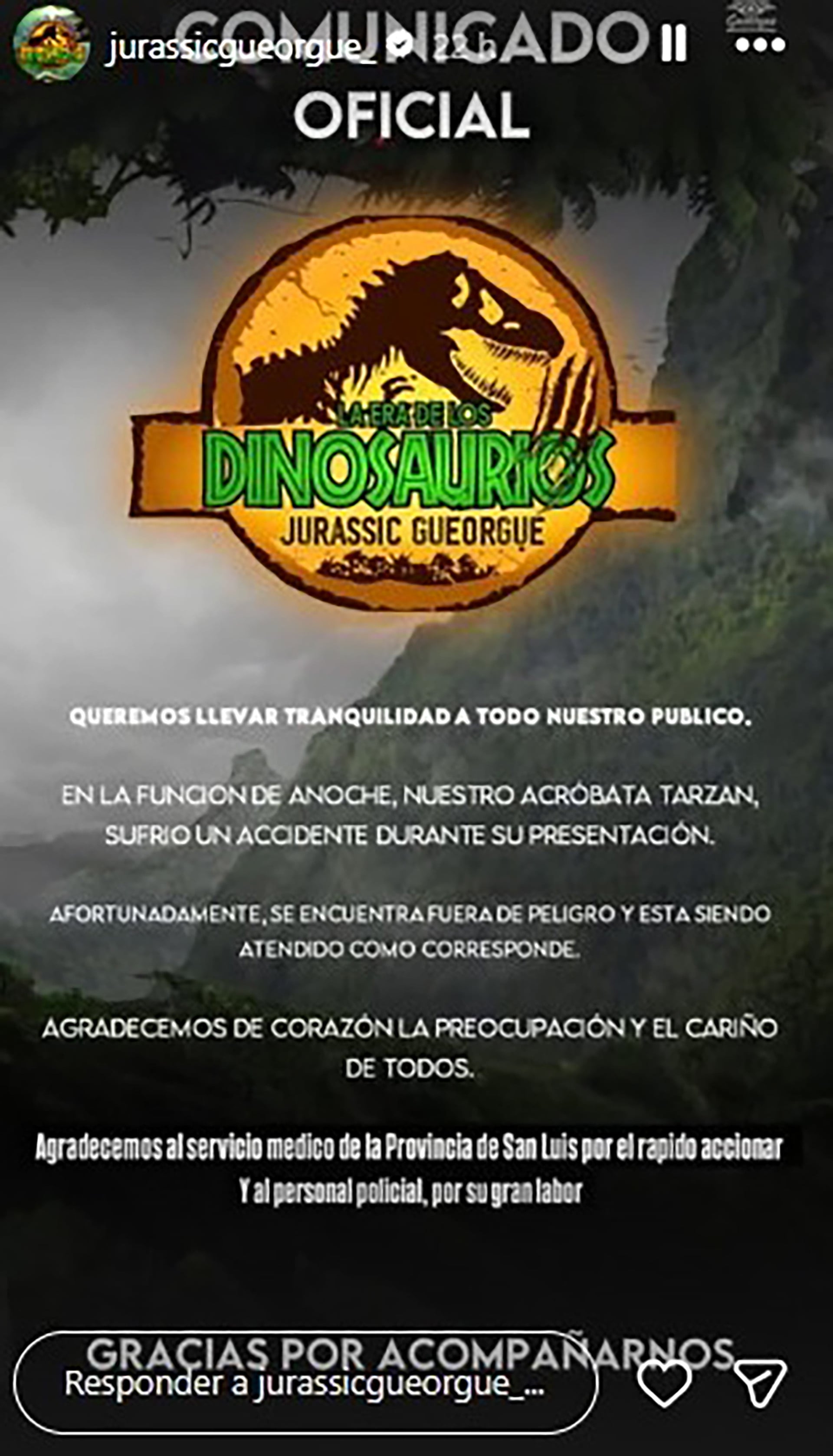 El circo Jurassic Gueorgue emite un comunicado oficial informando sobre el accidente del acróbata Tarzan en San Luis, confirmando que se encuentra fuera de peligro.
