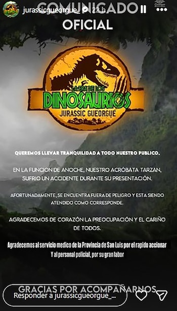 Captura de pantalla de un comunicado oficial del circo Jurassic Gueorgue, con el logo de un tiranosaurio y texto blanco sobre fondo oscuro