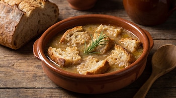 Cazuela de barro con sopa y trozos de pan con una ramita de romero encima, situada junto a un pan rústico y una cuchara de madera.