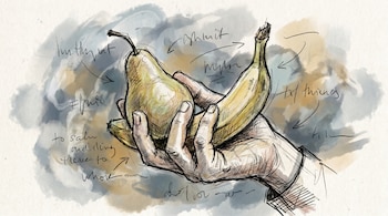 Ilustración estilo sketch de una mano agarrando una pera verde y una banana amarilla. El fondo tiene manchas de color azul y ocre con texto manuscrito.